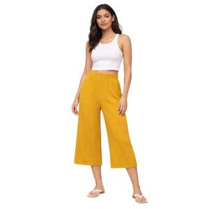 Mustard Yellow Textured Wide Leg Cropped Culotte Pants Elastic Waist Womens XS